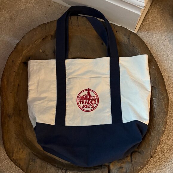 Trader Joe's large embroidered cotton canvas tote bag 20 x 14 x 6 inches - Picture 2 of 4